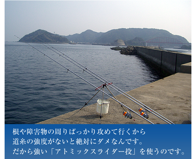 根や障害物の周りばっかり攻めて行くから道糸の強度がないと絶対にダメなんです。だから強い「アトミックスライダー投」を使うのです。